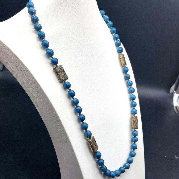 Handcrafted 30" Indigo Blue Apatite Necklace w/ Heishi Turquoise & Etched Metal - Picture 1 of 7
